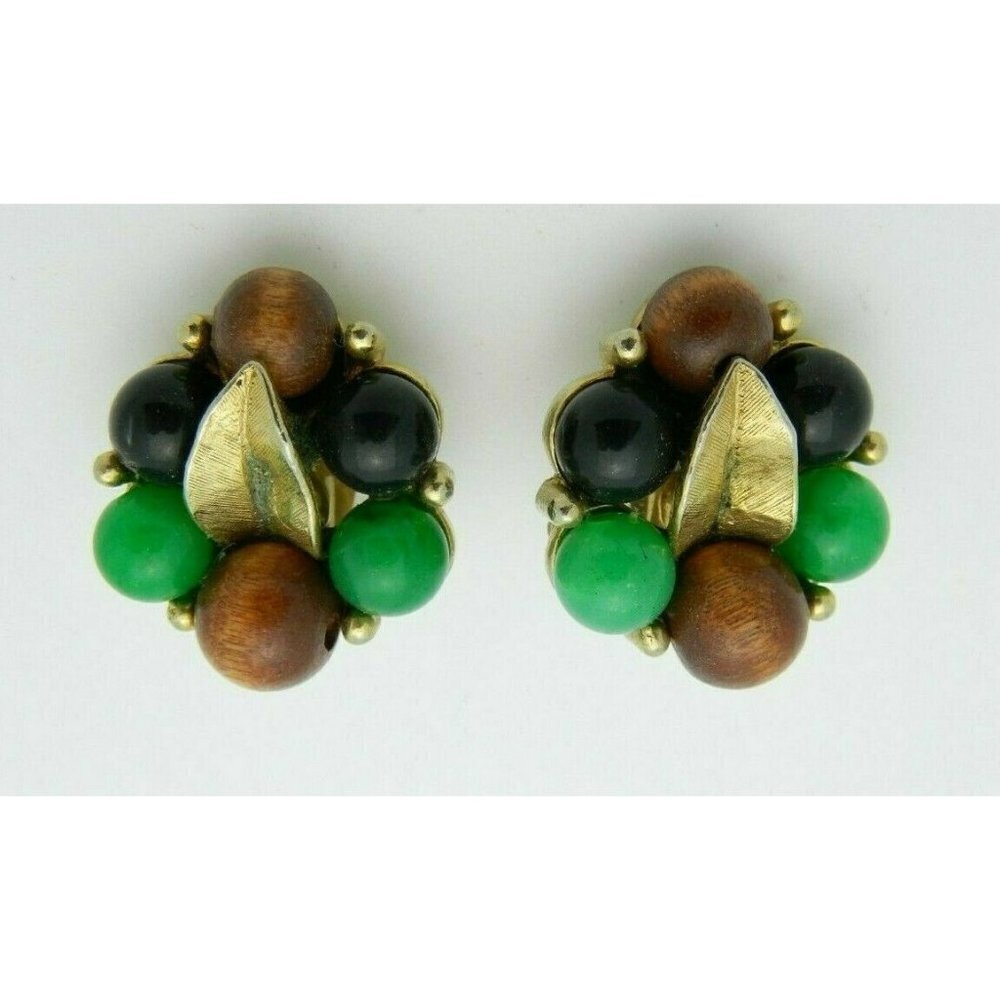 ART Signed Wood Lucite Faux Gemstone Bead Leaf